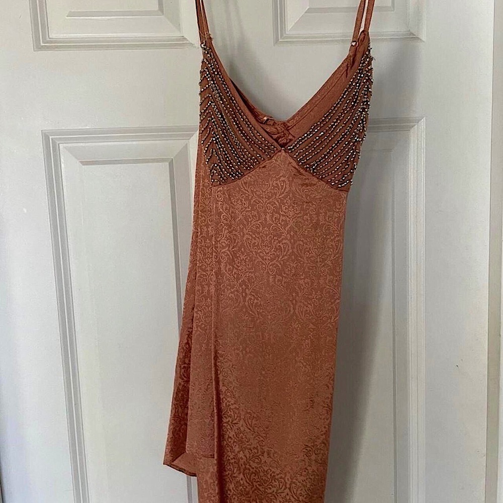 Free people brown/gold silk mini slip dress adjustable embellished sequin small